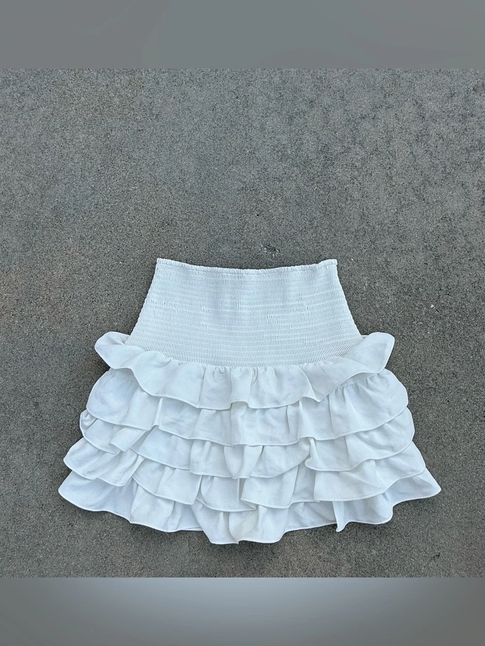 White Ruffled Smocked white tiered ruffle mini skirt boho fairy peasant ren fair